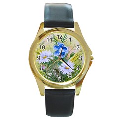 Meadow Flowers Round Leather Watch (gold Rim)  by ArtByThree