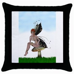 Fairy Sitting On A Mushroom Black Throw Pillow Case by goldenjackal