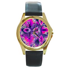 Rose Crystal Palace, Abstract Love Dream  Round Leather Watch (gold Rim)  by DianeClancy