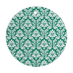White On Emerald Green Damask Round Ornament (two Sides) by Zandiepants