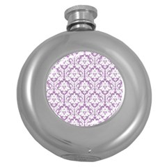 White On Lilac Damask Hip Flask (round) by Zandiepants