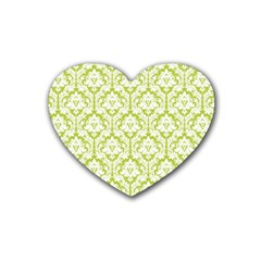 White On Spring Green Damask Drink Coasters (heart) by Zandiepants