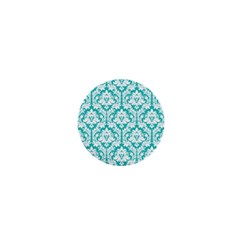 White On Turquoise Damask 1  Mini Button Magnet by Zandiepants