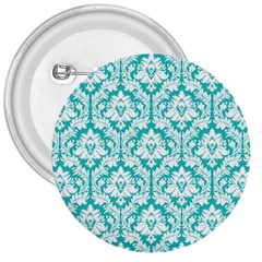 White On Turquoise Damask 3  Button by Zandiepants