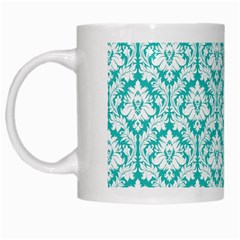 White On Turquoise Damask White Coffee Mug by Zandiepants