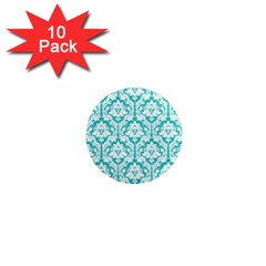 White On Turquoise Damask 1  Mini Button Magnet (10 Pack) by Zandiepants