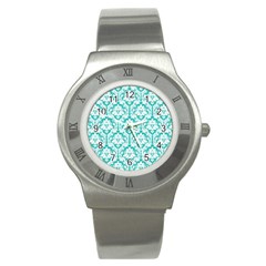 White On Turquoise Damask Stainless Steel Watch (slim) by Zandiepants