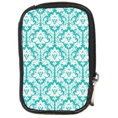 White On Turquoise Damask Compact Camera Leather Case by Zandiepants