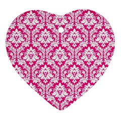 White On Hot Pink Damask Heart Ornament (two Sides) by Zandiepants