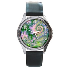 Rose Apple Green Dreams, Abstract Water Garden Round Leather Watch (silver Rim) by DianeClancy