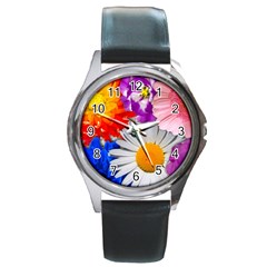 Lovely Flowers, Blue Round Leather Watch (silver Rim) by ImpressiveMoments