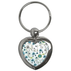 Blue Whimsical Flowers  On Blue Key Chain (heart) by Zandiepants