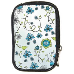 Blue Whimsical Flowers  On Blue Compact Camera Leather Case by Zandiepants
