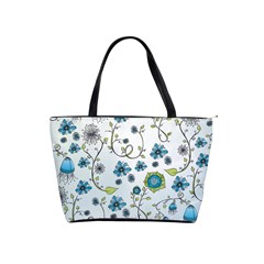 Blue Whimsical Flowers  On Blue Large Shoulder Bag by Zandiepants