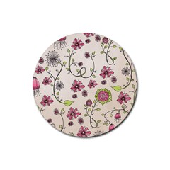 Pink Whimsical Flowers On Beige Drink Coaster (round) by Zandiepants
