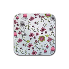 Pink Whimsical Flowers On Blue Drink Coaster (square) by Zandiepants