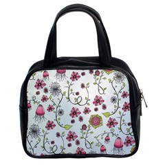 Pink Whimsical Flowers On Blue Classic Handbag (two Sides) by Zandiepants