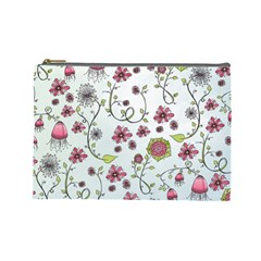 Pink Whimsical Flowers On Blue Cosmetic Bag (large) by Zandiepants