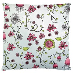 Pink Whimsical Flowers On Blue Large Cushion Case (single Sided)  by Zandiepants