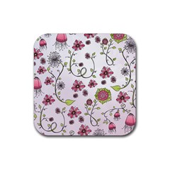 Pink Whimsical Flowers On Pink Drink Coaster (square) by Zandiepants