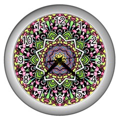 Psychedelic Leaves Mandala Wall Clock (silver) by Zandiepants
