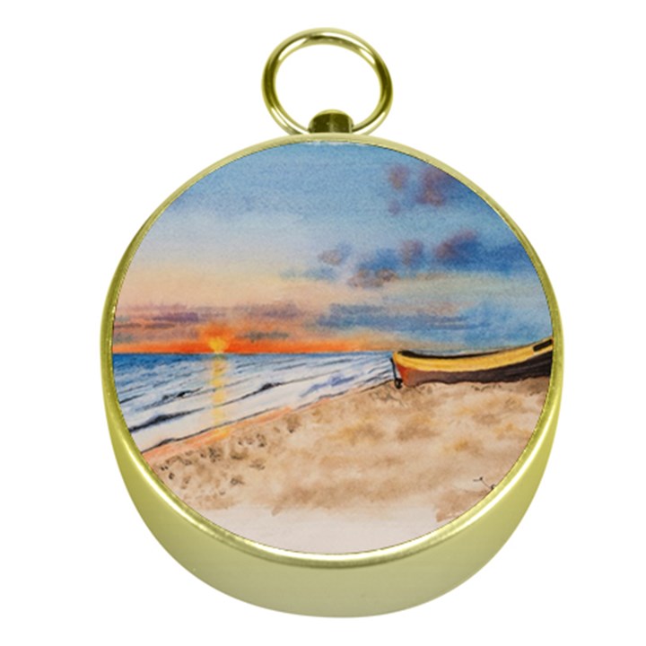 Sunset Beach Watercolor Gold Compass