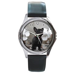 French Bulldog Round Leather Watch (silver Rim) by StuffOrSomething