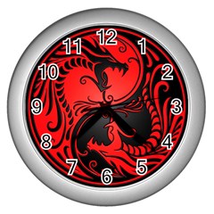 Yin Yang Dragons Red And Black Wall Clock (silver) by JeffBartels