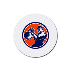 Bodybuilder Lifting Kettlebell Woodcut Drink Coaster (round) by retrovectors