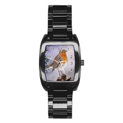 Robin On Log Stainless Steel Barrel Watch by ArtByThree