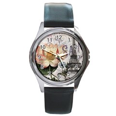 Vintage Paris Eiffel Tower Floral Round Leather Watch (silver Rim) by chicelegantboutique