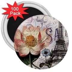 Vintage Paris Eiffel Tower Floral 3  Button Magnet (100 Pack)