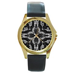 Black Onyx  Round Leather Watch (gold Rim)  by OCDesignss
