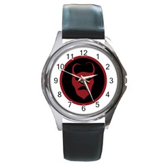 Devil Symbol Logo Round Leather Watch (silver Rim) by dflcprints