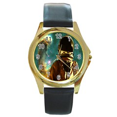 Lost In The Starmaker Round Leather Watch (gold Rim)  by icarusismartdesigns