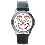 Happy Clown Cartoon Drawing Round Leather Watch (Silver Rim)