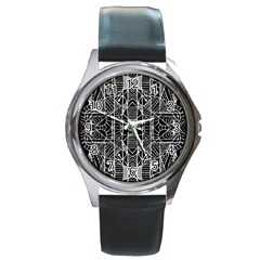 Black And White Tribal Geometric Pattern Print Round Leather Watch (silver Rim) by dflcprints