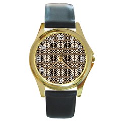 Geometric Tribal Style Pattern In Brown Colors Scarf Round Leather Watch (gold Rim)  by dflcprints