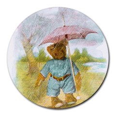 Vintage Drawing: Teddy Bear In The Rain 8  Mouse Pad (round) by MotherGoose