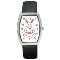 Cute Bunny Happy Easter Drawing I Tonneau Leather Watch by dflcprints