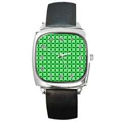 Green Abstract Tile Pattern Square Leather Watch by GardenOfOphir