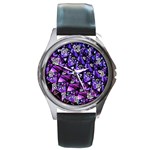  Blue purple Glass Round Leather Watch (Silver Rim)