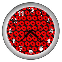Charcoal And Red Peony Flower Pattern Wall Clocks (silver)  by GardenOfOphir