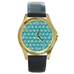 Gerbera Daisy Vector Tile Pattern Round Gold Metal Watches by GardenOfOphir