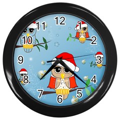 Funny, Cute Christmas Owls With Snowflakes Wall Clocks (black) by FantasyWorld7