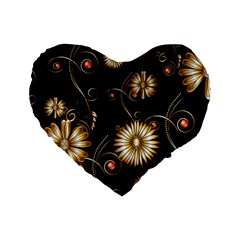 Golden Flowers On Black Background Standard 16  Premium Heart Shape Cushions by FantasyWorld7