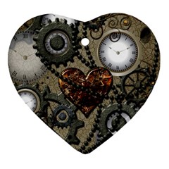 Steampunk With Clocks And Gears And Heart Heart Ornament (2 Sides) by FantasyWorld7