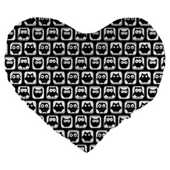 Black And White Owl Pattern Large 19  Premium Flano Heart Shape Cushions by GardenOfOphir