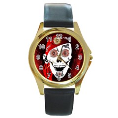 Funny Happy Skull Round Gold Metal Watches by FantasyWorld7