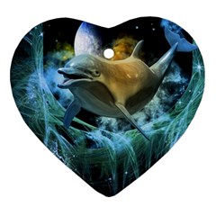 Funny Dolphin In The Universe Heart Ornament (2 Sides)